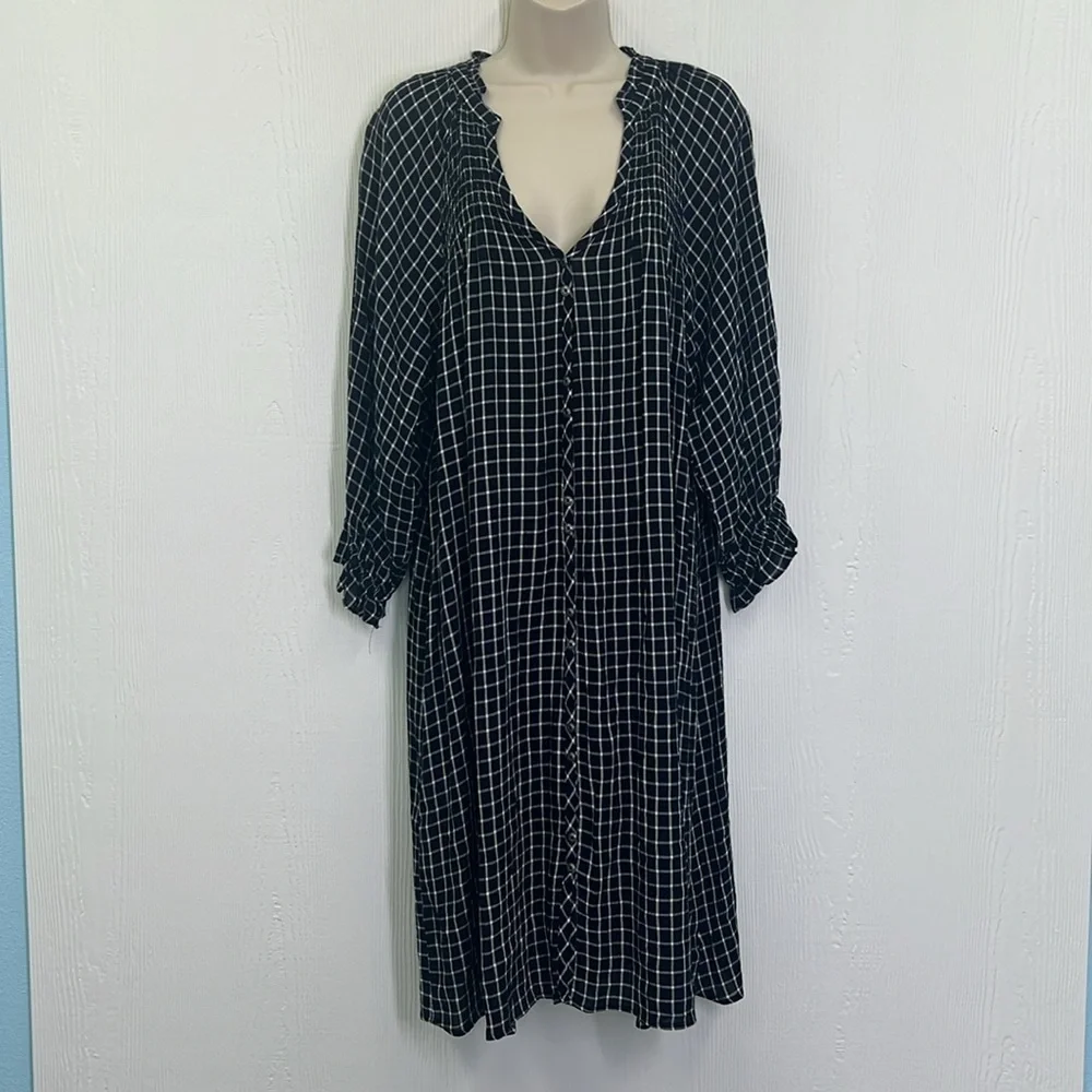 Anthropologie - Maeve Sara Navy Blue Windowpane Plaid Midi Dress Size Medium - Picture 2 of 15
